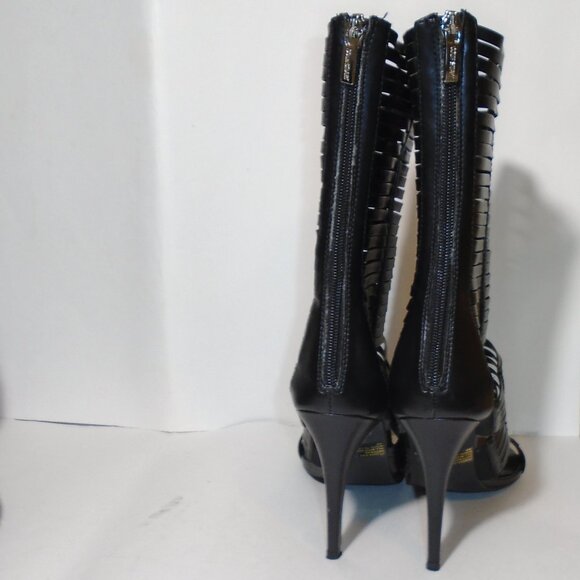 Colin Stuart Calf High Boots Stiletto Heel Pumps Skin Baring Peep Toe Black - Picture 9 of 14